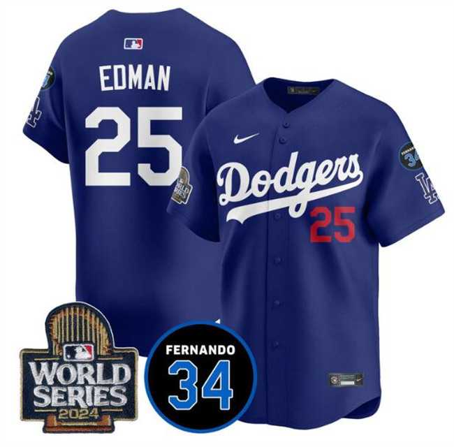 Men%27s Los Angeles Dodgers #25 Tommy Edman Royal 2024 World Series With Fernando Memorial Patch Alternate Limited Stitched Jersey Dzhi->los angeles dodgers->MLB Jersey